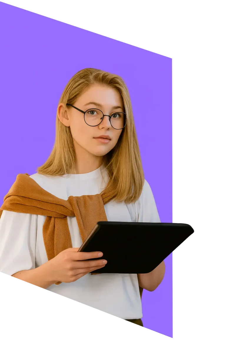 Estudiante con tablet sobre fondo morado, representando educación online en Ecuador para ciclo básico y bachillerato acelerado